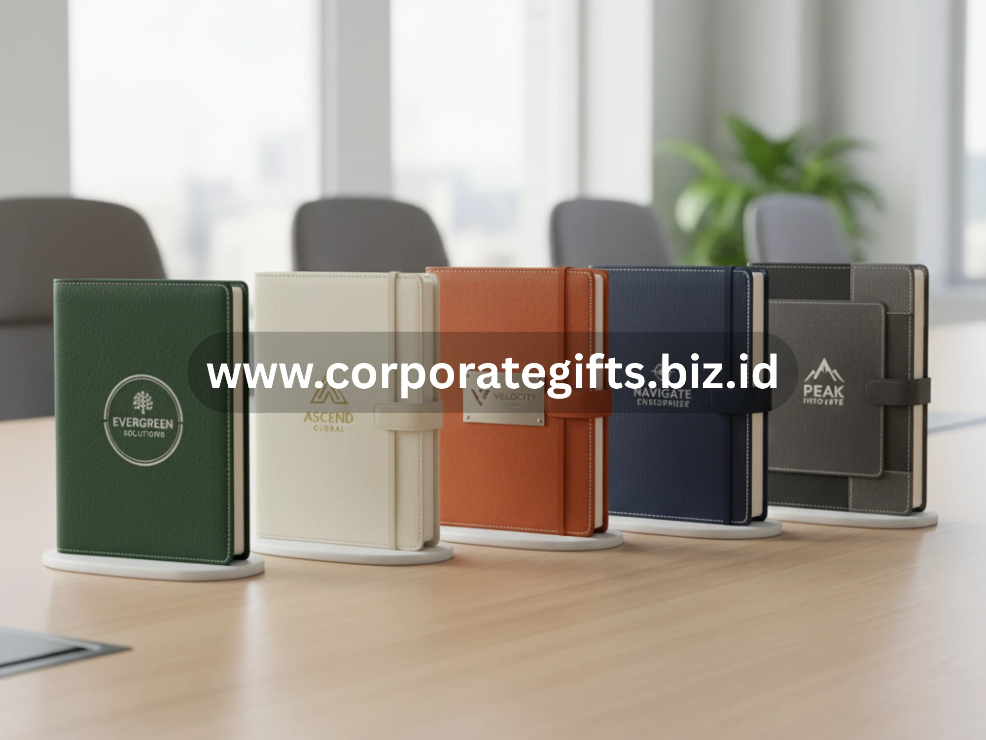 Notebook kulit eksklusif dengan logo perusahaan sebagai souvenir elegan meeting kantor.